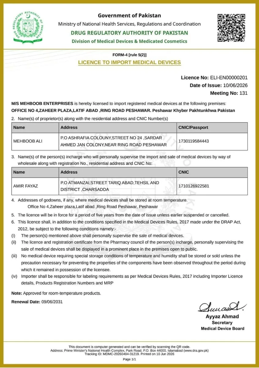 Official DRAP Form-4 Import License for Mehboob Enterprises, Peshawar